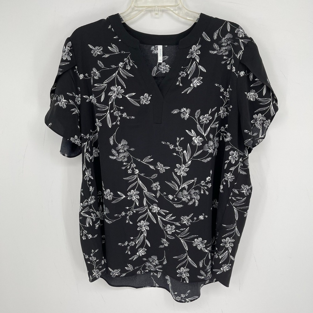 Anyally Women's Black Floral V-Neck Petal Short Sleeve Blouse Top Plus Size 2XL